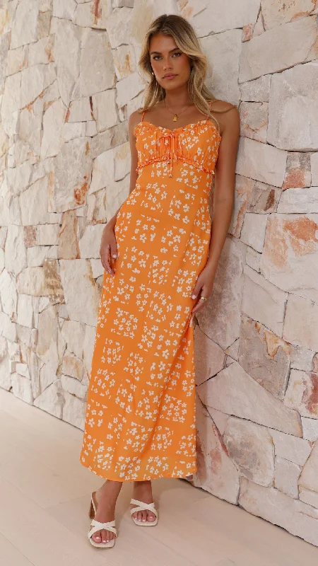 Midi dresses with fringe details for a fun and energetic style Farna Midi Dress - Orange Floral