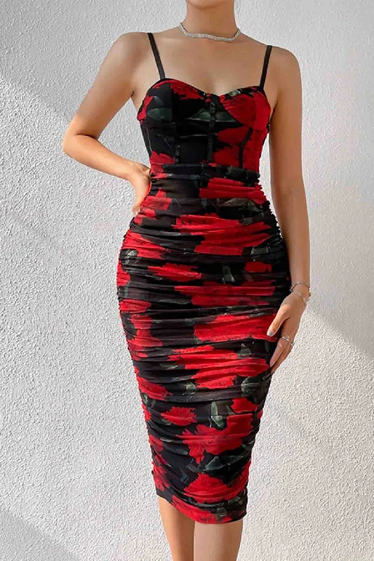 Midi dresses with ruffled bodices for a more pronounced feminine look Floral Printed Rushed Bodycon Cami Dress Midi dresses with ruffled bodices for a more pronounced feminine look Floral Printed Rushed Bodycon Cami Dress