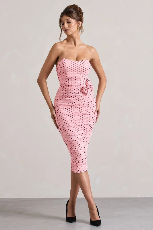 Midi dresses with animal prints for a bold and confident appearance Lille | Pink Polka Dot Ruched Mesh Strapless Midi Dress With Corsage Midi dresses with animal prints for a bold and confident appearance Lille | Pink Polka Dot Ruched Mesh Strapless Midi Dress With Corsage