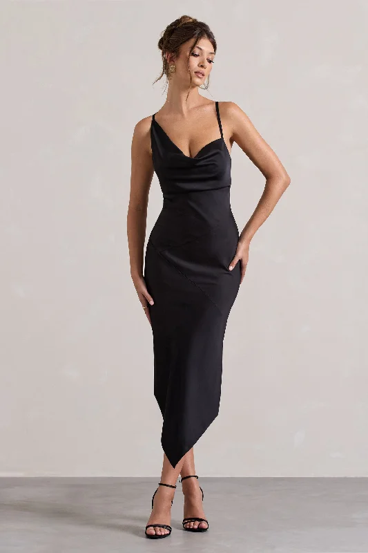Midi dresses with ruched bodices for a feminine and fitted feel Fillie | Black Satin Asymmetric Cowl-Neck Midi Dress Midi dresses with ruched bodices for a feminine and fitted feel Fillie | Black Satin Asymmetric Cowl-Neck Midi Dress