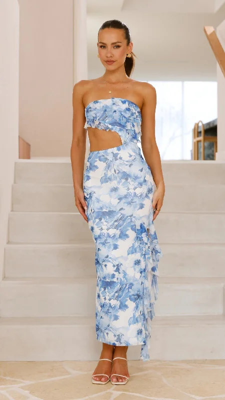 Midi dresses with pleated bodices for a classic and tailored look Zinnia Midi Dress - Blue Floral Midi dresses with pleated bodices for a classic and tailored look Zinnia Midi Dress - Blue Floral