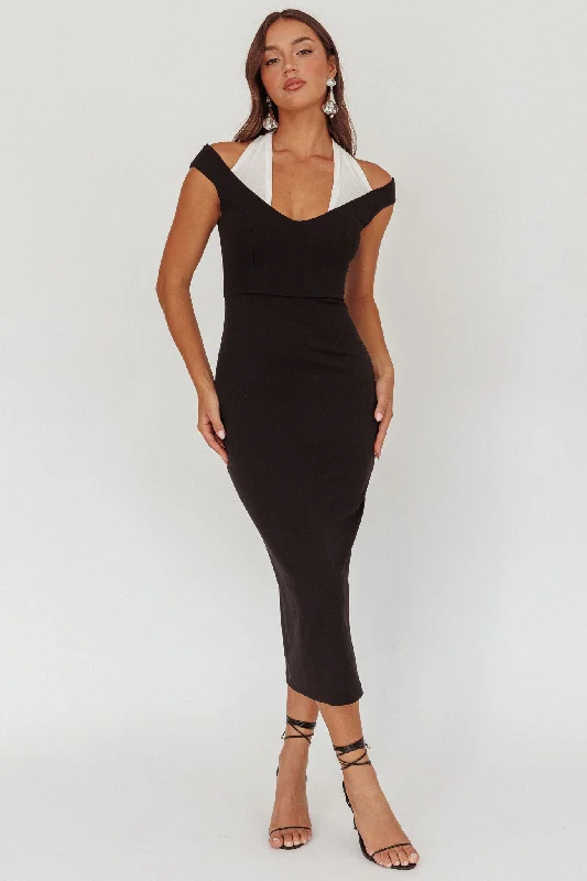 Midi dresses with tassel accents for a bohemian and free - spirited style Tyla Contrast Mesh Halter Midi Dress Black Midi dresses with tassel accents for a bohemian and free - spirited style Tyla Contrast Mesh Halter Midi Dress Black