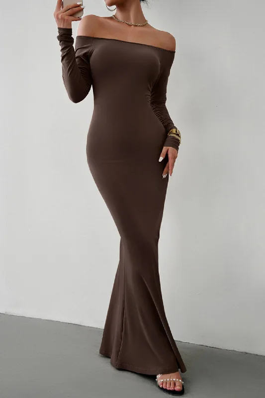 Midi dresses with denim fabric for a casual yet stylish day out Solid Off Shoulder Fishtail Dress Midi dresses with denim fabric for a casual yet stylish day out Solid Off Shoulder Fishtail Dress