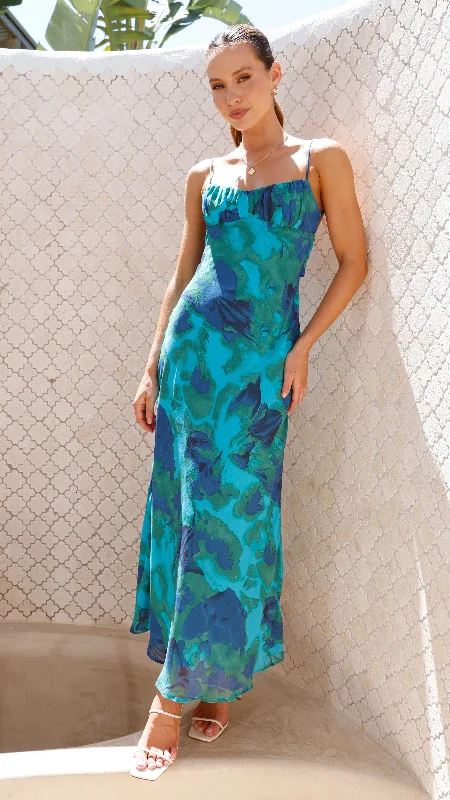 Sheath midi dresses with beaded embellishments for a formal occasion Margie Midi Dress - Blue/Green Floral