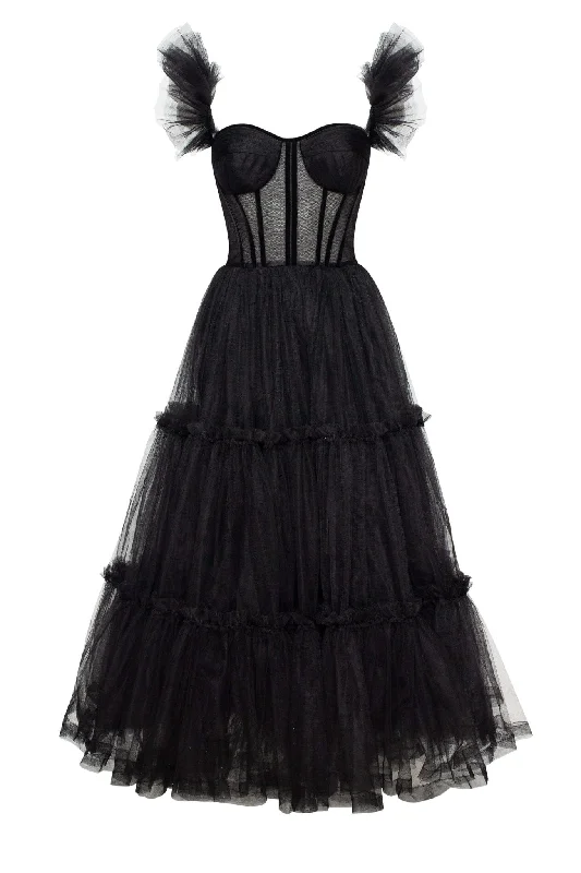 Midi dresses with belted waists to accentuate the figure Black Ruffled Tulle Midi Dress Midi dresses with belted waists to accentuate the figure Black Ruffled Tulle Midi Dress