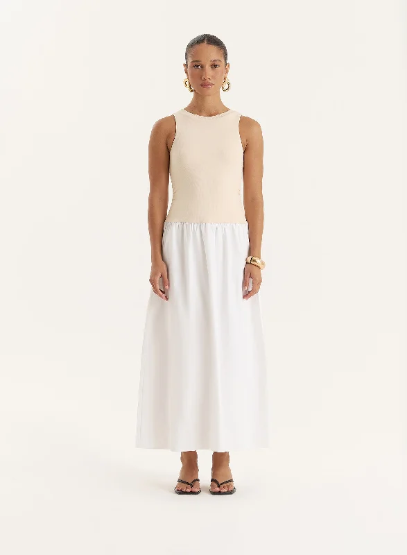 Leather mini dresses for a edgy style Beige Constrast Sleeveless Drop Waist Maxi Dress- Eva Leather mini dresses for a edgy style Beige Constrast Sleeveless Drop Waist Maxi Dress- Eva