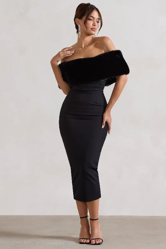 Midi dresses with geometric cutouts for a contemporary and edgy look Zia | Black Bardot Midi Dress With Fur Trim