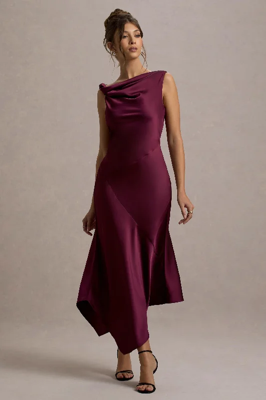 High - low midi dresses with geometric patterns for a modern party Donelli | Plum Satin Asymmetric Midi Dress High - low midi dresses with geometric patterns for a modern party Donelli | Plum Satin Asymmetric Midi Dress