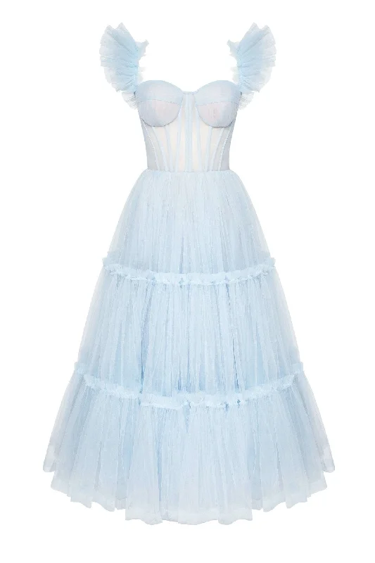Midi dresses with metallic threads for a glamorous evening event Light Blue Ruffled Tulle Midi Dress Midi dresses with metallic threads for a glamorous evening event Light Blue Ruffled Tulle Midi Dress