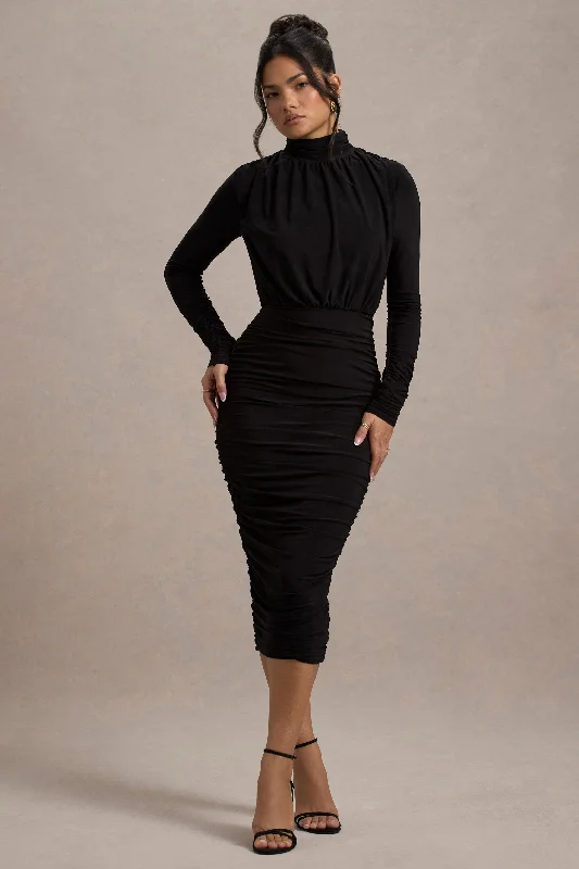 Midi dresses with bow accents for a sweet and charming look Dasha |  Black Ruched High-Neck Long-Sleeve Midi Dress