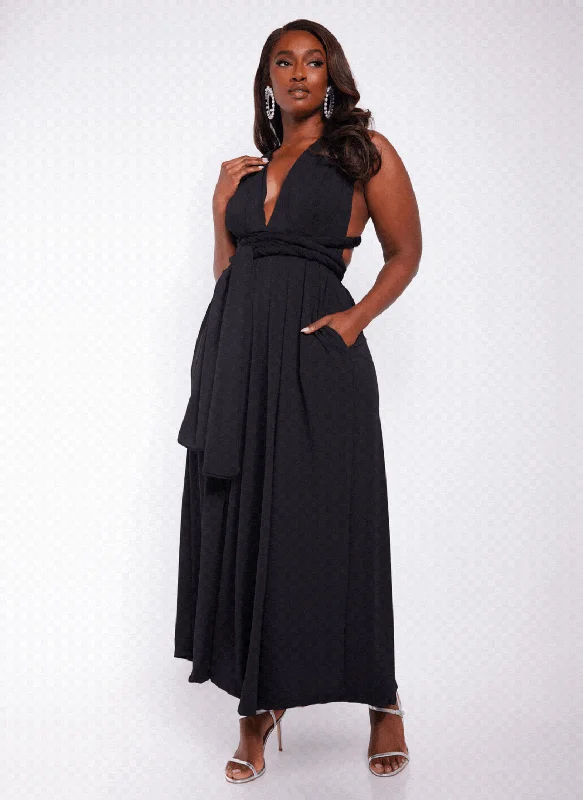 Velvet mini dresses for autumn weddings Selene Multiway Maxi Skater Dress W. Pockets - Black