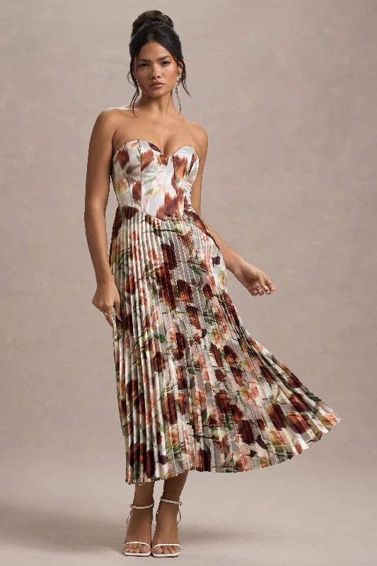 Midi dresses with pleated skirts for a timeless and elegant appeal Bordeaux | Cream Floral Print Satin Corset Style Midi Dress