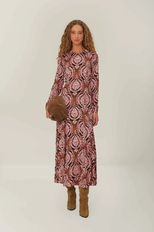 Midi dresses with ruffled hems for a romantic date night Brown Pineapple Jewelry Midi Dress
