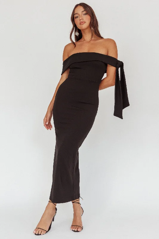 Midi dresses with asymmetric hems for a fashion - forward and dynamic appearance Aurora Sky Off-Shoulder Tie Maxi Dress Black Midi dresses with asymmetric hems for a fashion - forward and dynamic appearance Aurora Sky Off-Shoulder Tie Maxi Dress Black