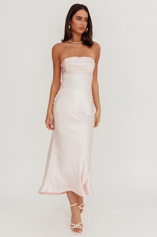 Midi dresses with empire waists for a flattering maternity option Moon Song Strapless Laced Back Dress Blush Midi dresses with empire waists for a flattering maternity option Moon Song Strapless Laced Back Dress Blush