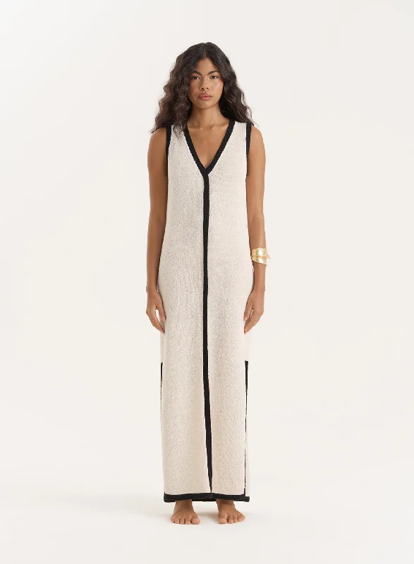 Sequined mini dresses for New Year's Eve Ecru Knitted Constrast Trim Midaxi Dress- Elea