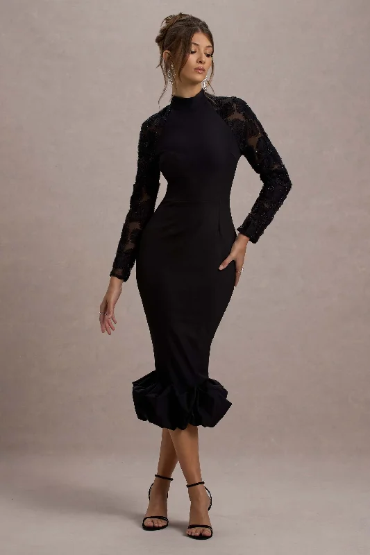 Midi dresses with bow accents for a sweet and charming look Chandra | Black Mesh Long-Sleeve Midi Dress With Ruffle Hem Midi dresses with bow accents for a sweet and charming look Chandra | Black Mesh Long-Sleeve Midi Dress With Ruffle Hem