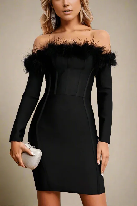Mini dresses with embroidered details for a unique touch Erin Long Sleeve Off Shoulder Bandage Mini Dress - Classic Black