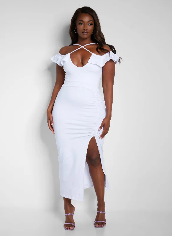 Mini dresses with pom - pom trims for a playful feel Got His Attention Ruched Bodycon Midi Dress - White Mini dresses with pom - pom trims for a playful feel Got His Attention Ruched Bodycon Midi Dress - White