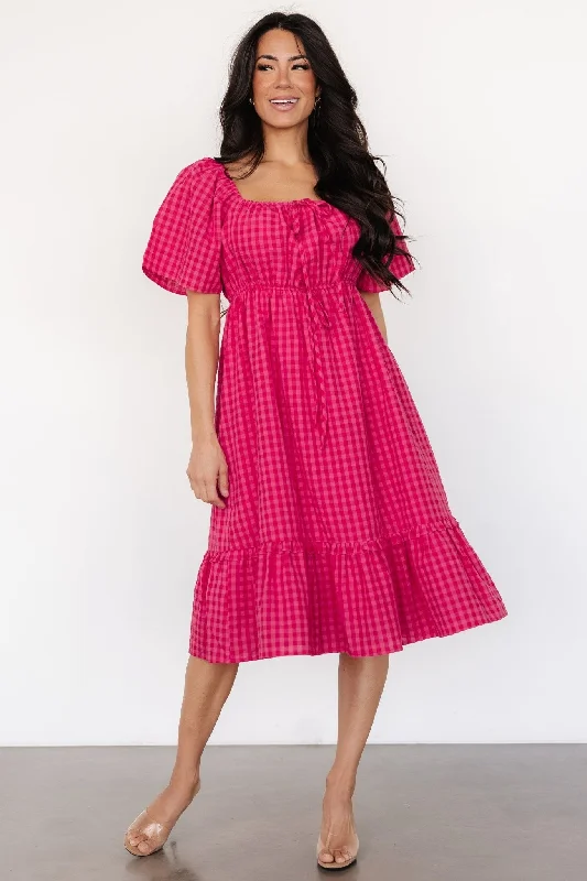 Midi dresses with tiered skirts for a bohemian festival look Erica Dress | Pink Gingham Print Midi dresses with tiered skirts for a bohemian festival look Erica Dress | Pink Gingham Print