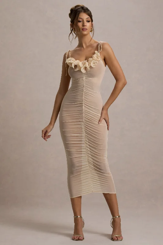 Midi dresses with keyhole backs for a flirty and unexpected detail Jesi | Cream Mesh Ruched Midi Dress With Ruffles Midi dresses with keyhole backs for a flirty and unexpected detail Jesi | Cream Mesh Ruched Midi Dress With Ruffles