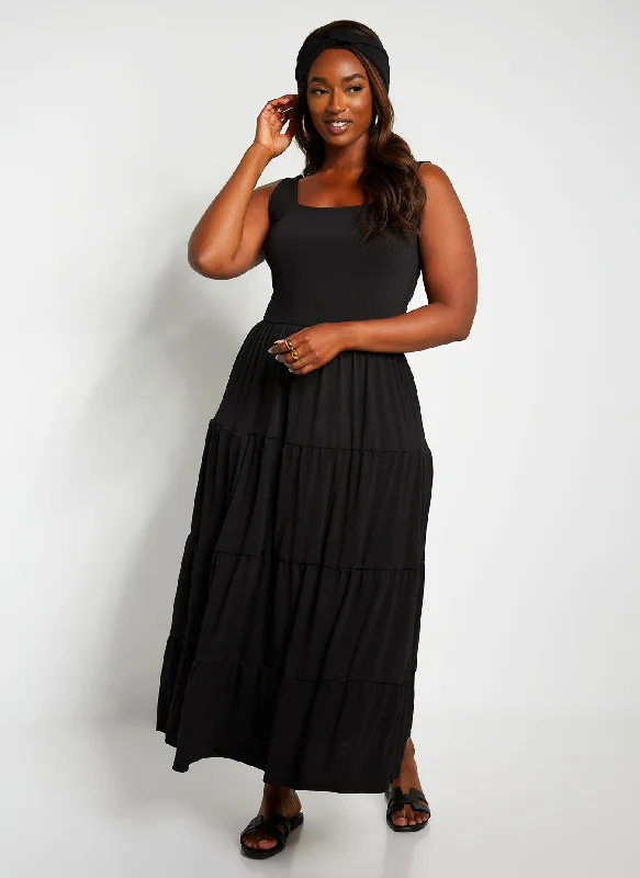 Mini dresses with side slits for a sexy appeal Unwind Tiered Maxi Skater Dress W. Turban - Black