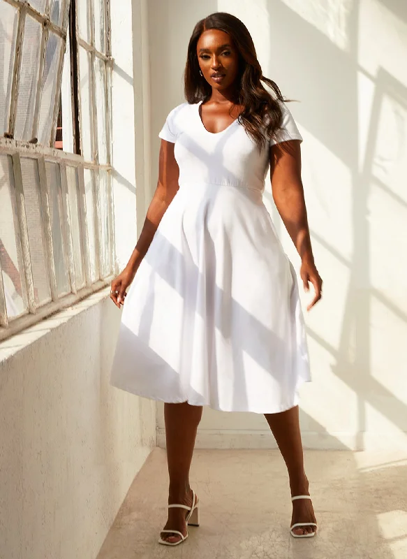 Mini dresses with empire waists for a flattering fit Essential V-Neck Skater Midi Dress - White Mini dresses with empire waists for a flattering fit Essential V-Neck Skater Midi Dress - White