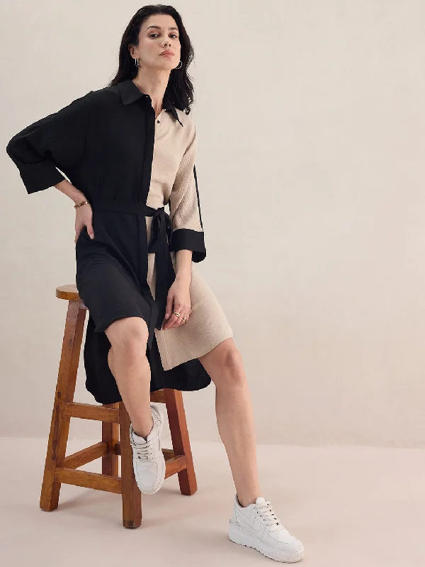 Midi dresses with gathered skirts for a full and flowing silhouette Black And Beige Button Down Midi Dress Midi dresses with gathered skirts for a full and flowing silhouette Black And Beige Button Down Midi Dress