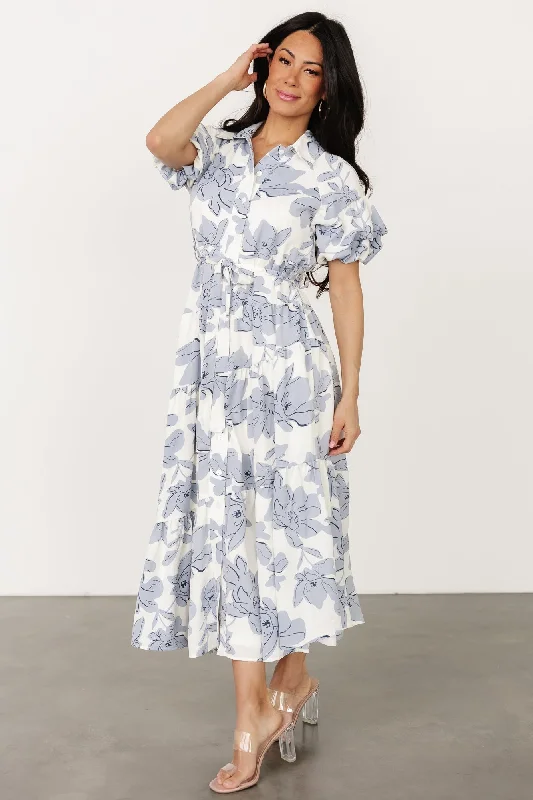 Midi dresses with bow accents for a sweet and charming look Albany Button Dress | Ivory + Blue Midi dresses with bow accents for a sweet and charming look Albany Button Dress | Ivory + Blue