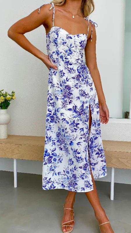 Maxi - inspired midi dresses with flowing fabrics for a beachy vibe Laury Midi Dress - Blue Floral Maxi - inspired midi dresses with flowing fabrics for a beachy vibe Laury Midi Dress - Blue Floral