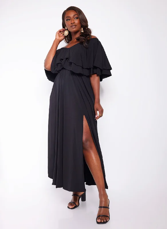 Mini dresses with high - low hems for a modern twist Taryn Ruffled Thigh Slit Maxi Skater Dress - Black Mini dresses with high - low hems for a modern twist Taryn Ruffled Thigh Slit Maxi Skater Dress - Black