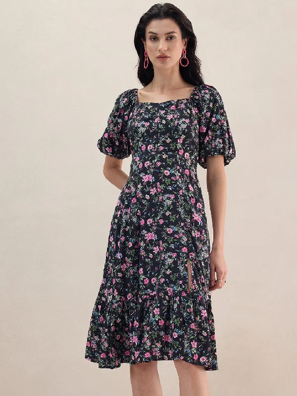 Midi dresses with pleated bodices for a classic and tailored look Black Floral Front Slit Midi Dress Midi dresses with pleated bodices for a classic and tailored look Black Floral Front Slit Midi Dress
