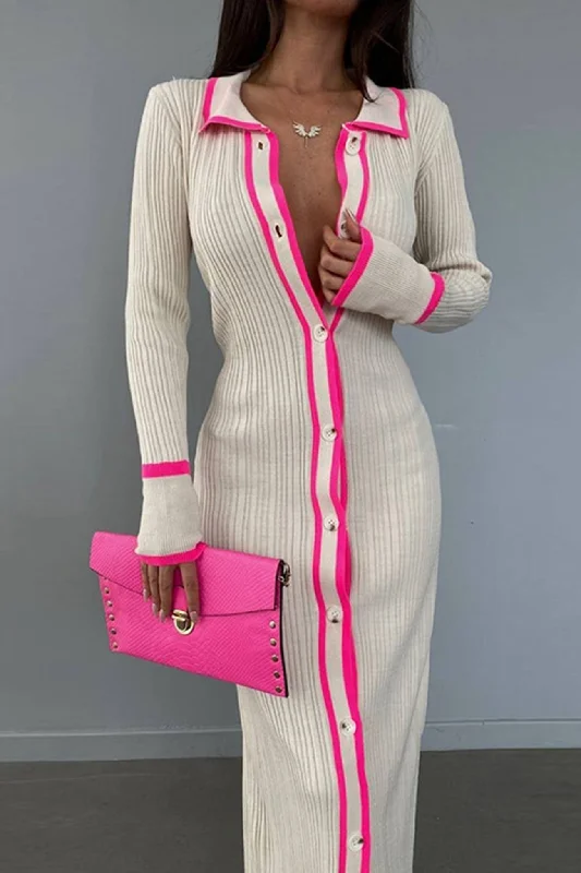 Midi dresses with denim fabric for a casual yet stylish day out Lapel Contrast Single-breasted Ribbed Dress Midi dresses with denim fabric for a casual yet stylish day out Lapel Contrast Single-breasted Ribbed Dress