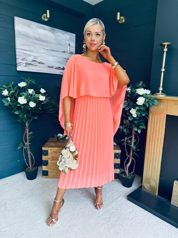 Midi dresses with printed lining for a hidden and stylish detail Doireann Cape Detail Occasion Dress Peach Midi dresses with printed lining for a hidden and stylish detail Doireann Cape Detail Occasion Dress Peach