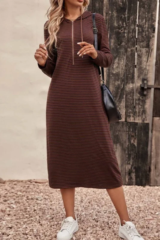 Midi dresses with button - down skirts for a unique and functional design Striped Long Sleeve Hooded Dress Midi dresses with button - down skirts for a unique and functional design Striped Long Sleeve Hooded Dress