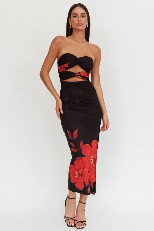Midi dresses with ruffled hems for a romantic date night Silah Twist Bodice Maxi Dress Hibiscus Black Midi dresses with ruffled hems for a romantic date night Silah Twist Bodice Maxi Dress Hibiscus Black