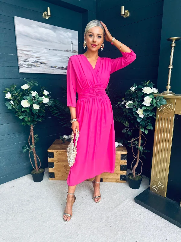 Midi dresses with mesh inserts for a trendy and breathable option Saoirse Band Detail Occasion Dress Fuschia Midi dresses with mesh inserts for a trendy and breathable option Saoirse Band Detail Occasion Dress Fuschia