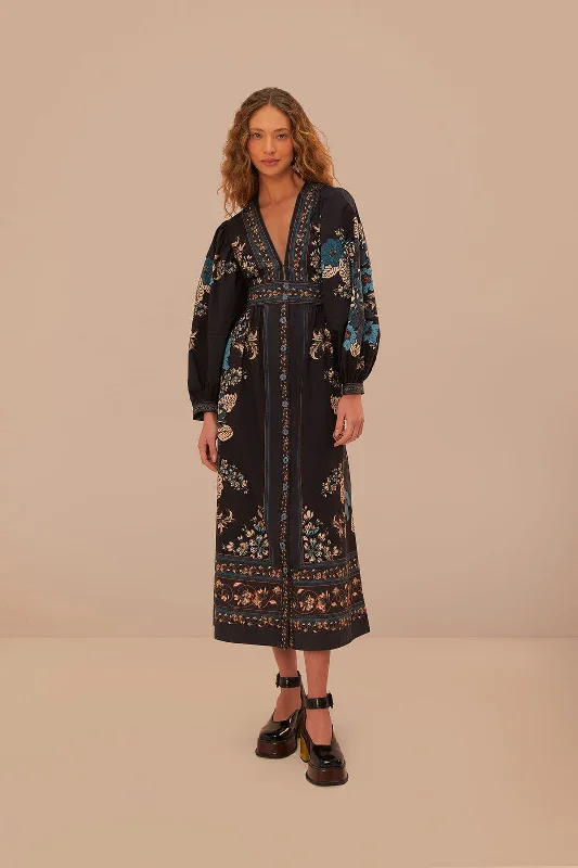 Midi dresses with embroidered accents for a unique and detailed design Blossom Tapestry Black Midi Dress Midi dresses with embroidered accents for a unique and detailed design Blossom Tapestry Black Midi Dress