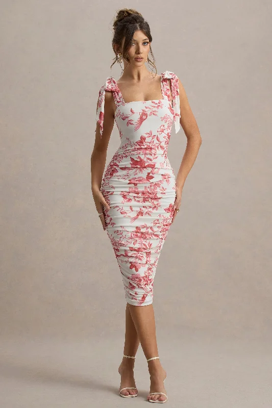 Midi dresses with ruffled sleeves for a more feminine and voluminous look Cordelia | Pink Porcelain Print Bodycon Midi Dress With Bow Straps Midi dresses with ruffled sleeves for a more feminine and voluminous look Cordelia | Pink Porcelain Print Bodycon Midi Dress With Bow Straps