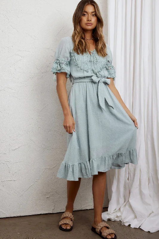 Midi dresses with gathered skirts for a full and flowing silhouette Jada Short Sleeve Crochet Tassel Midi Dress Sage
