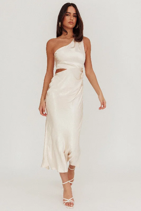 Midi dresses with patchwork patterns for a one - of - a - kind style Always Golden One-Shoulder Midi Dress Champagne Midi dresses with patchwork patterns for a one - of - a - kind style Always Golden One-Shoulder Midi Dress Champagne