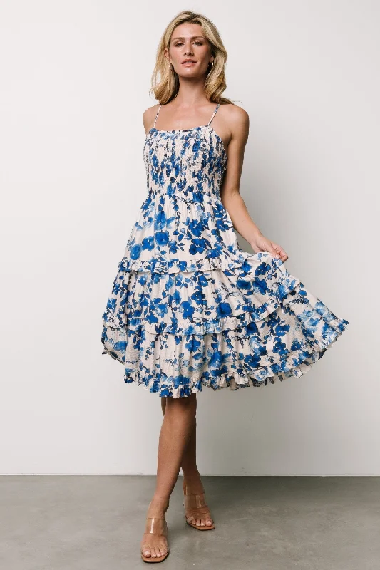 Midi dresses with printed lining for a hidden and stylish detail Calina Midi Dress | Ivory + Blue Floral Midi dresses with printed lining for a hidden and stylish detail Calina Midi Dress | Ivory + Blue Floral
