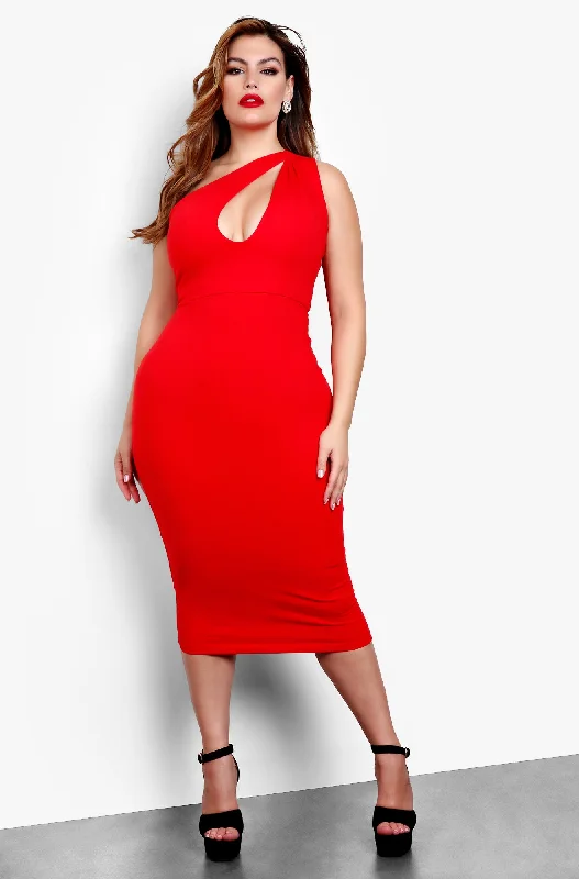 Sheer mini dresses with lace inserts Rebdolls "Little Sneak Peak" One Shoulder Keyhole Bodycon Midi Dress - Red Sheer mini dresses with lace inserts Rebdolls "Little Sneak Peak" One Shoulder Keyhole Bodycon Midi Dress - Red
