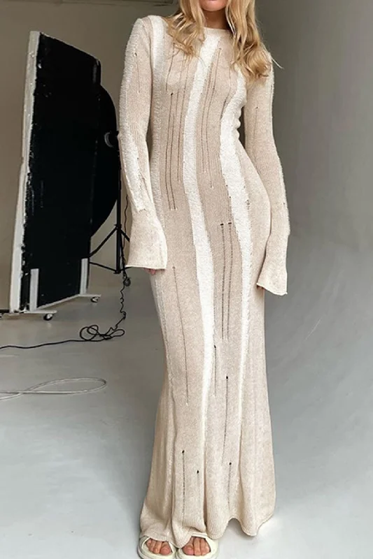 A - line midi dresses with floral prints for spring brunches Contrast Distressed Hollow Out Knit Dress