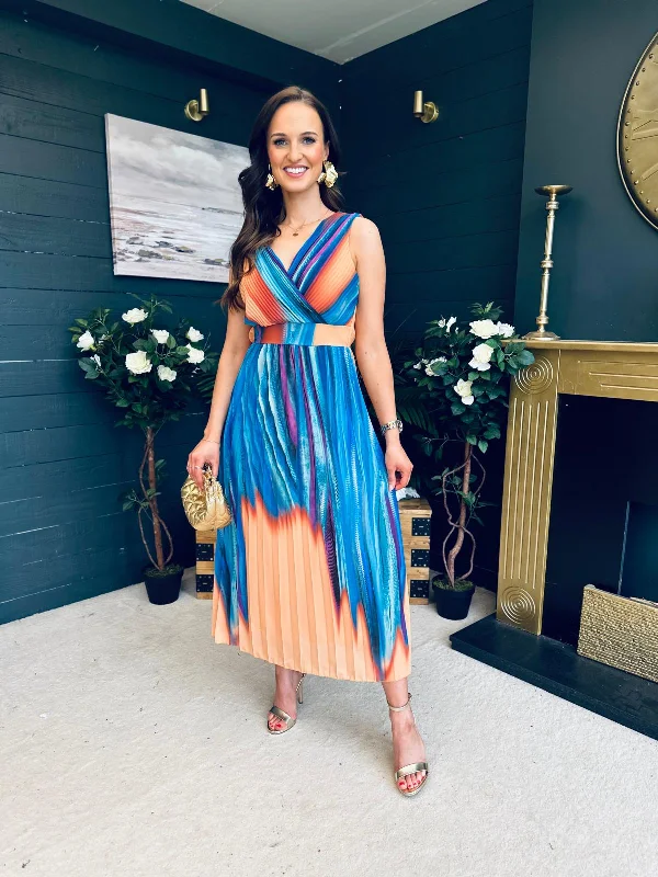 Midi dresses with wrap - around skirts for a customizable fit Naoise Pleated Midi Dress Aqua Midi dresses with wrap - around skirts for a customizable fit Naoise Pleated Midi Dress Aqua