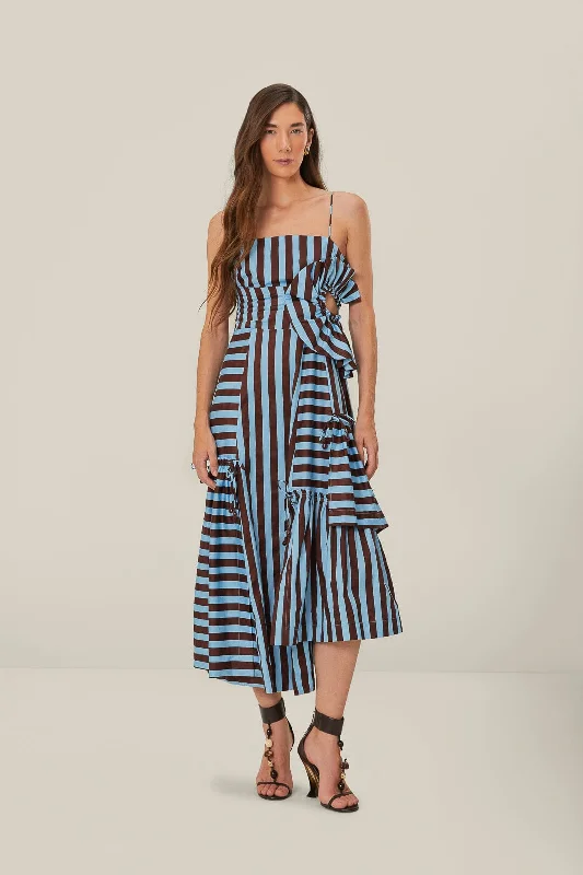 Midi dresses with ruched sleeves for a more fitted and stylish arm look Brown and Blue Tropical Flight Stripes Organic Cotton Midi Dress Midi dresses with ruched sleeves for a more fitted and stylish arm look Brown and Blue Tropical Flight Stripes Organic Cotton Midi Dress