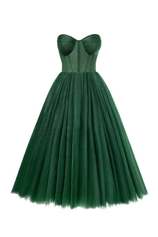 Midi dresses with embroidered accents for a unique and detailed design Emerald Green Strapless Puffy Midi Tulle Dress Midi dresses with embroidered accents for a unique and detailed design Emerald Green Strapless Puffy Midi Tulle Dress