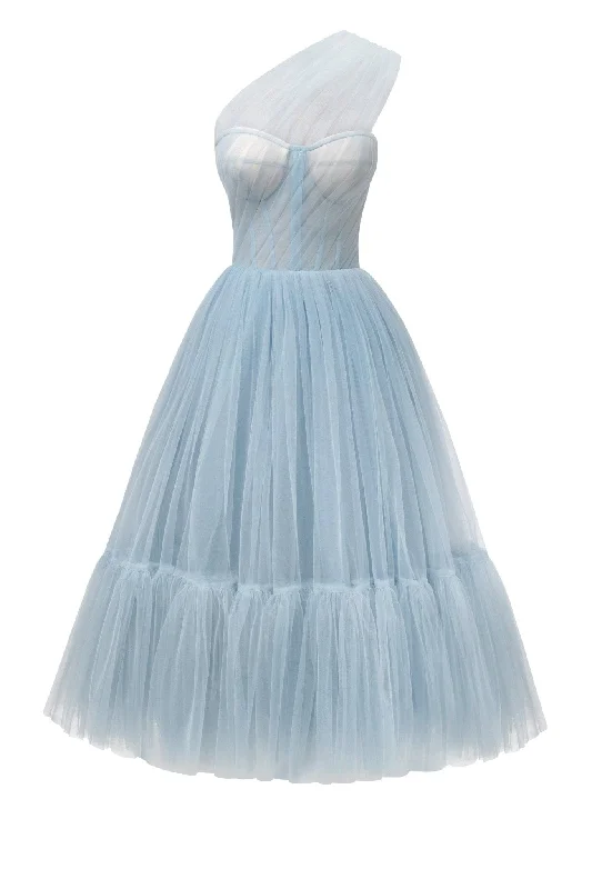 A - line midi dresses with floral prints for spring brunches Light Blue One-Shoulder Cocktail Tulle Dress A - line midi dresses with floral prints for spring brunches Light Blue One-Shoulder Cocktail Tulle Dress
