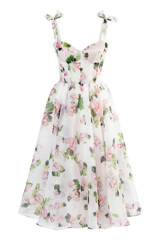 Midi dresses with V - necklines for a flattering and elongating effect Tender floral midi tie-strap dress Midi dresses with V - necklines for a flattering and elongating effect Tender floral midi tie-strap dress