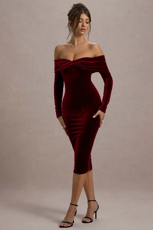 Midi dresses with asymmetric hems for a fashion - forward and dynamic appearance Compliment | Berry Velvet Bardot Midi Dress Midi dresses with asymmetric hems for a fashion - forward and dynamic appearance Compliment | Berry Velvet Bardot Midi Dress